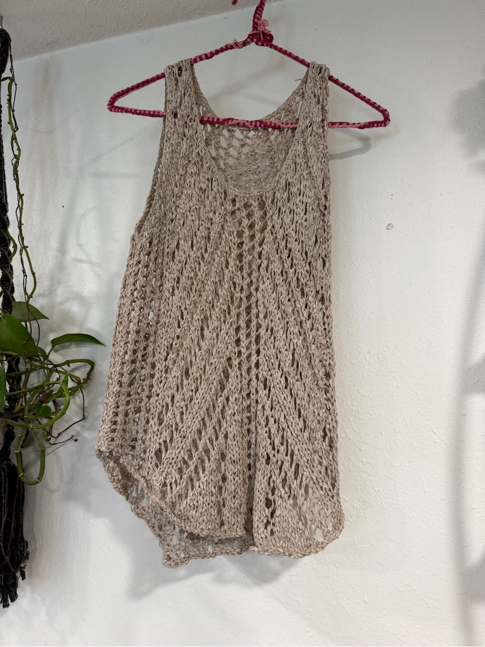 Eileen Fisher Beige Open-Knit Crochet Tank